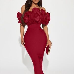 Fashion Nova Strapless Red Dress with Floral Details